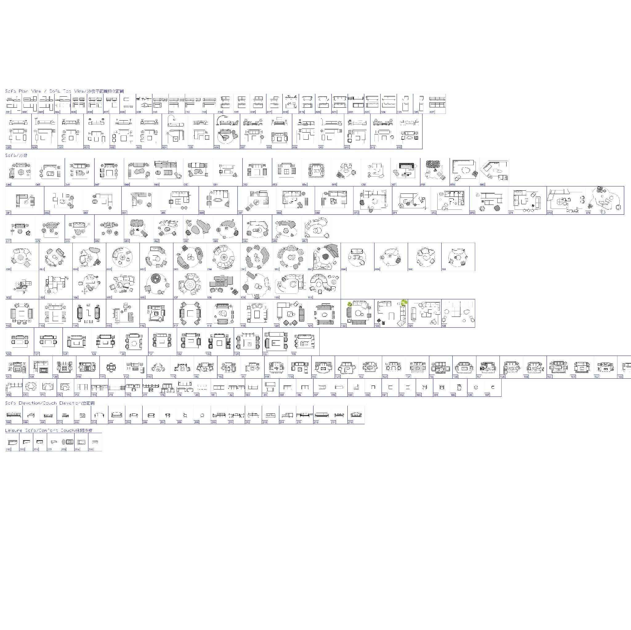 225 Sofa CAD Blocks DWG – Couch, Sectional & Living Room | AutoCAD Furniture Blocks Pack