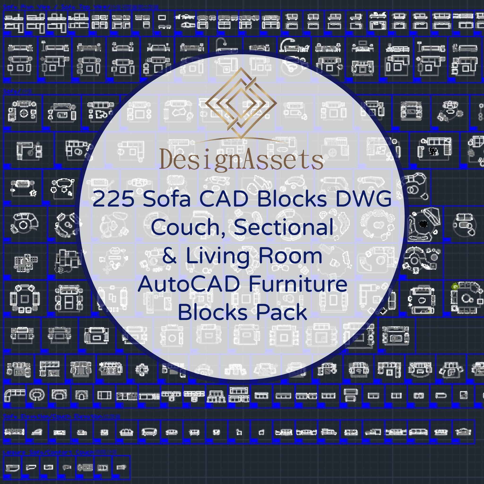 225 Sofa CAD Blocks DWG – Couch, Sectional & Living Room | AutoCAD Furniture Blocks Pack