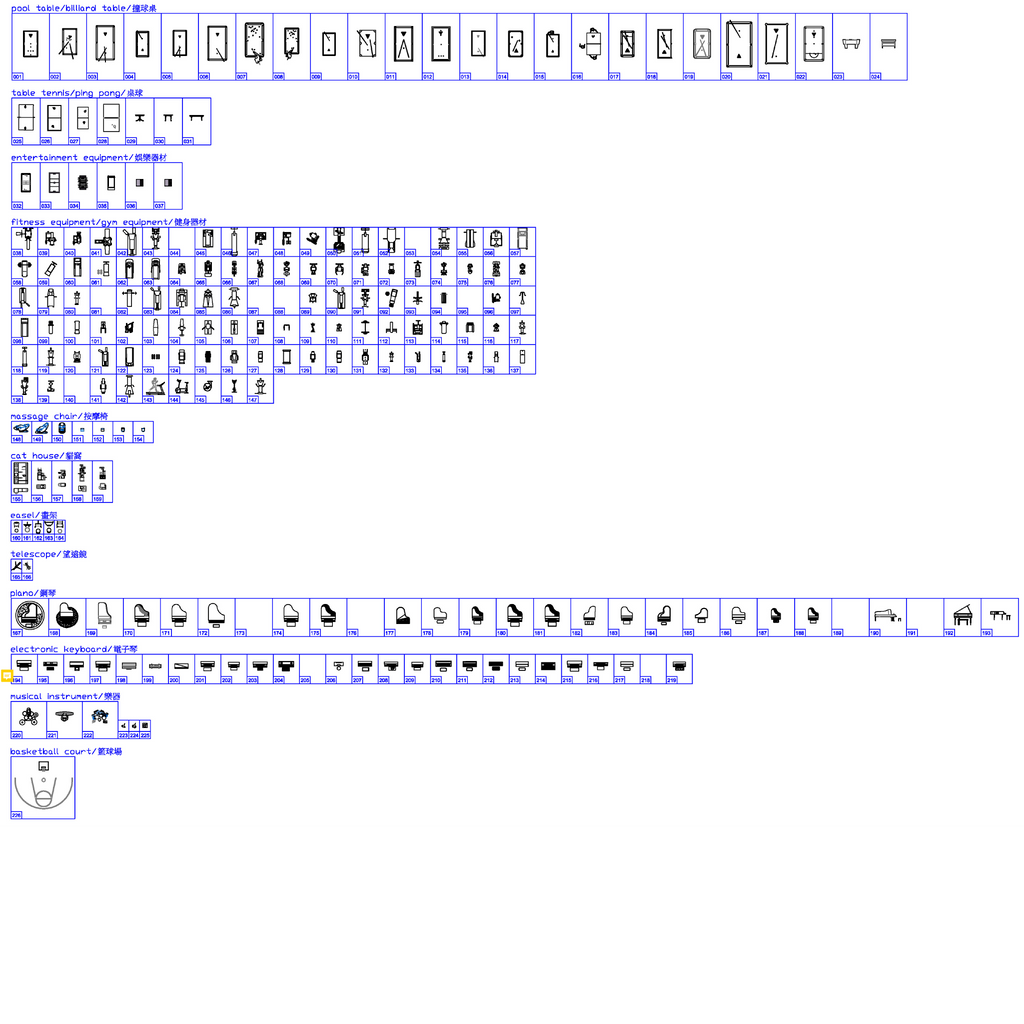 266 Leisure & Equipment CAD Blocks DWG – Gym, Game, Piano & Furniture | AutoCAD Interior Blocks Pack - DesignAssets