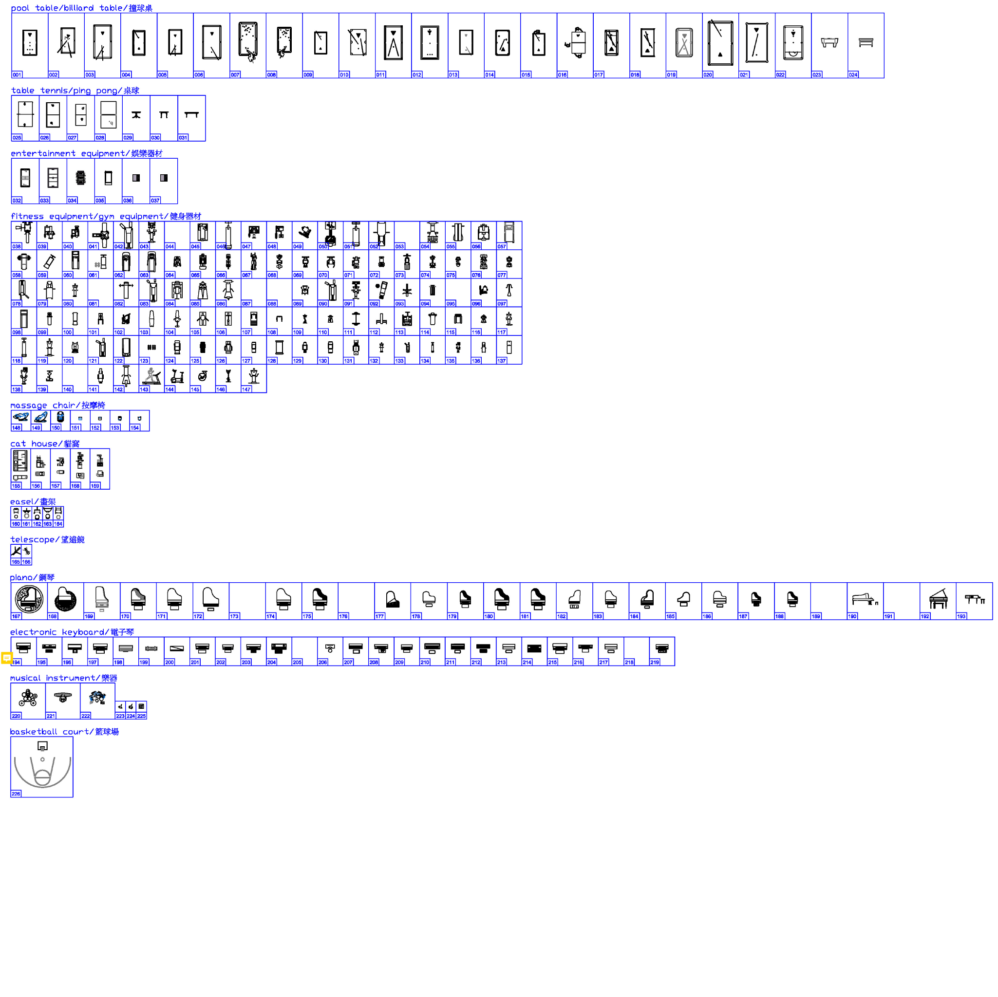 266 Leisure & Equipment CAD Blocks DWG – Gym, Game, Piano & Furniture | AutoCAD Interior Blocks Pack