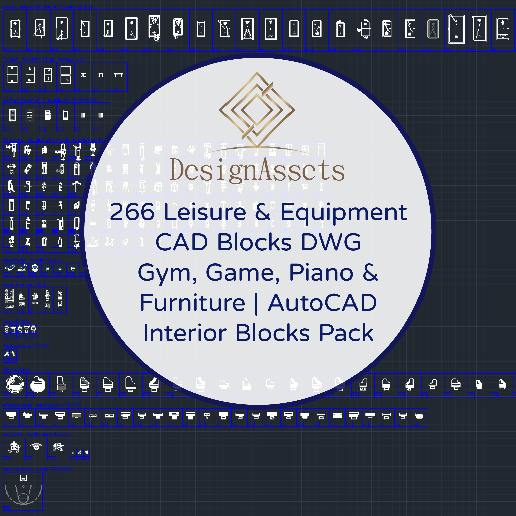 266 Leisure & Equipment CAD Blocks DWG – Gym, Game, Piano & Furniture | AutoCAD Interior Blocks Pack