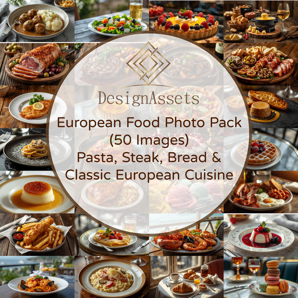 European Food Photo Pack (50 Images) – Pasta, Steak, Bread & Classic European Cuisine