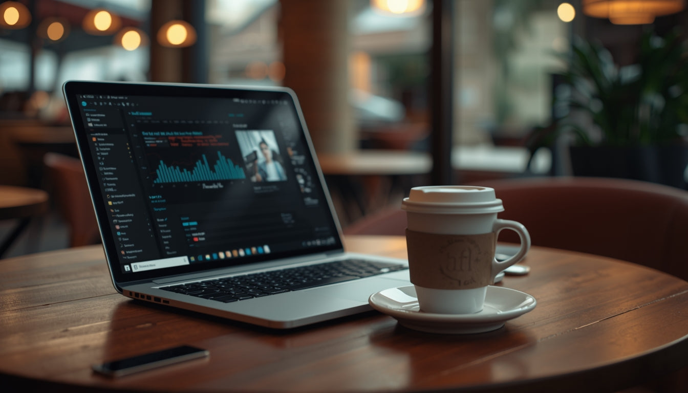 Laptop with coding dashboard and coffee cup on cafe table, cozy workspace atmosphere
