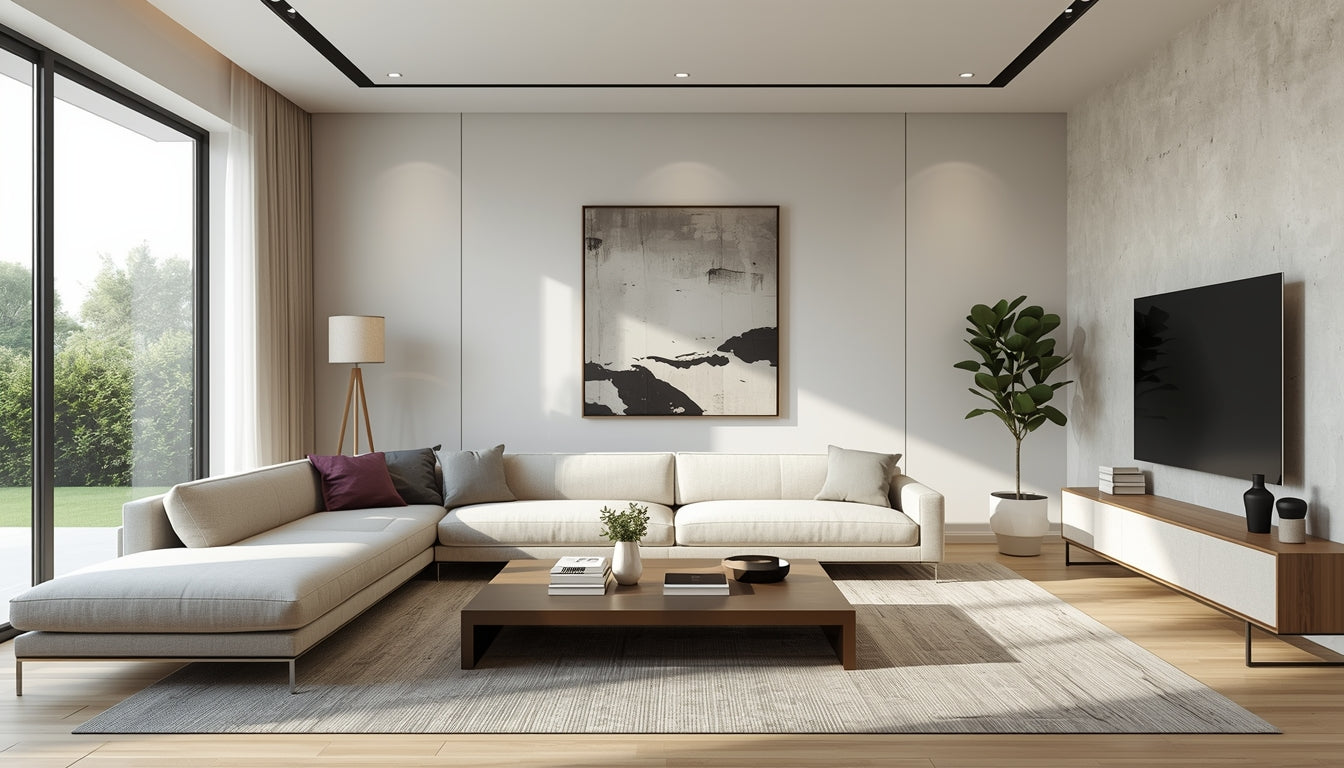 Modern living room interior with large beige sectional sofa, abstract art, and minimalist decor